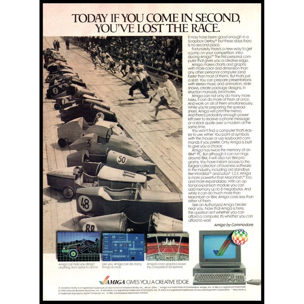 1985 Commodore Amiga Personal Computer Vintage Print Ad Soapbox Derby Wall Art